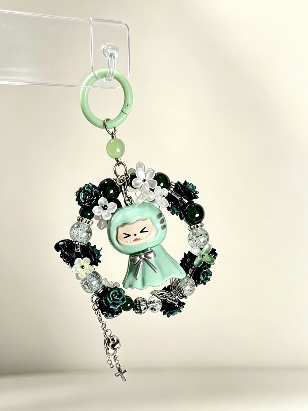 Green Charm Bag Charm with glowing in the dark Floral Beads & Labubu